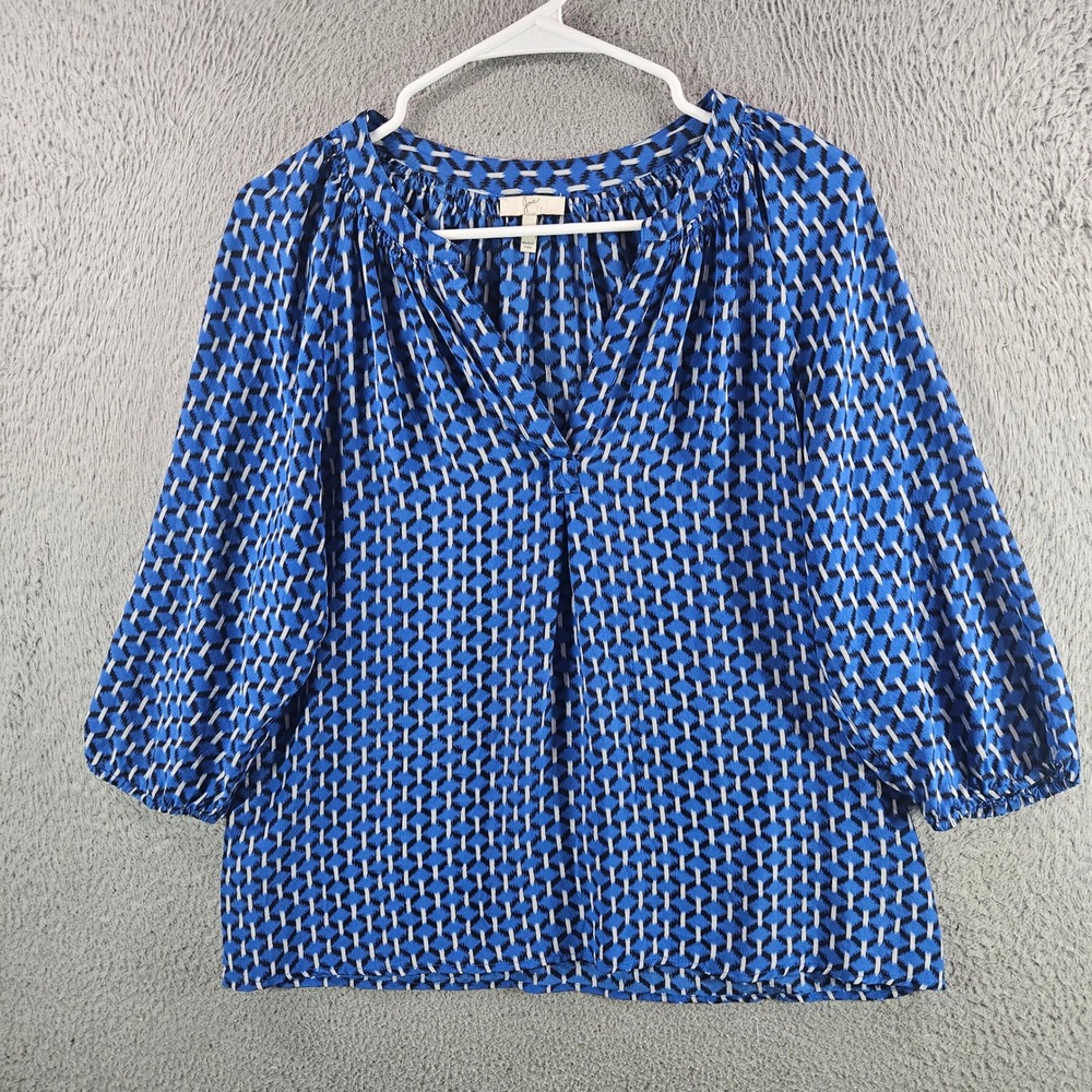 Joie Womens Blue Geometric Silk‎ V-Neck Blouse 3/4 Sleeve Top XS
